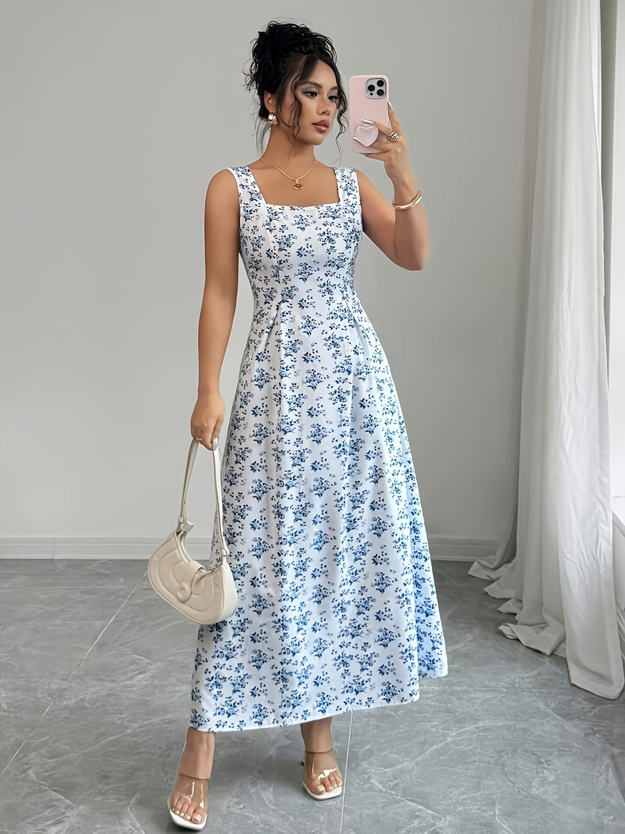 Elegant Square Neck Floral Dress | Sleeveless, Flared Hem, Tie Back Detail, Long Length, Fit And Flare Silhouette, Perfect For Spring/Summer/Fall - Multicolor