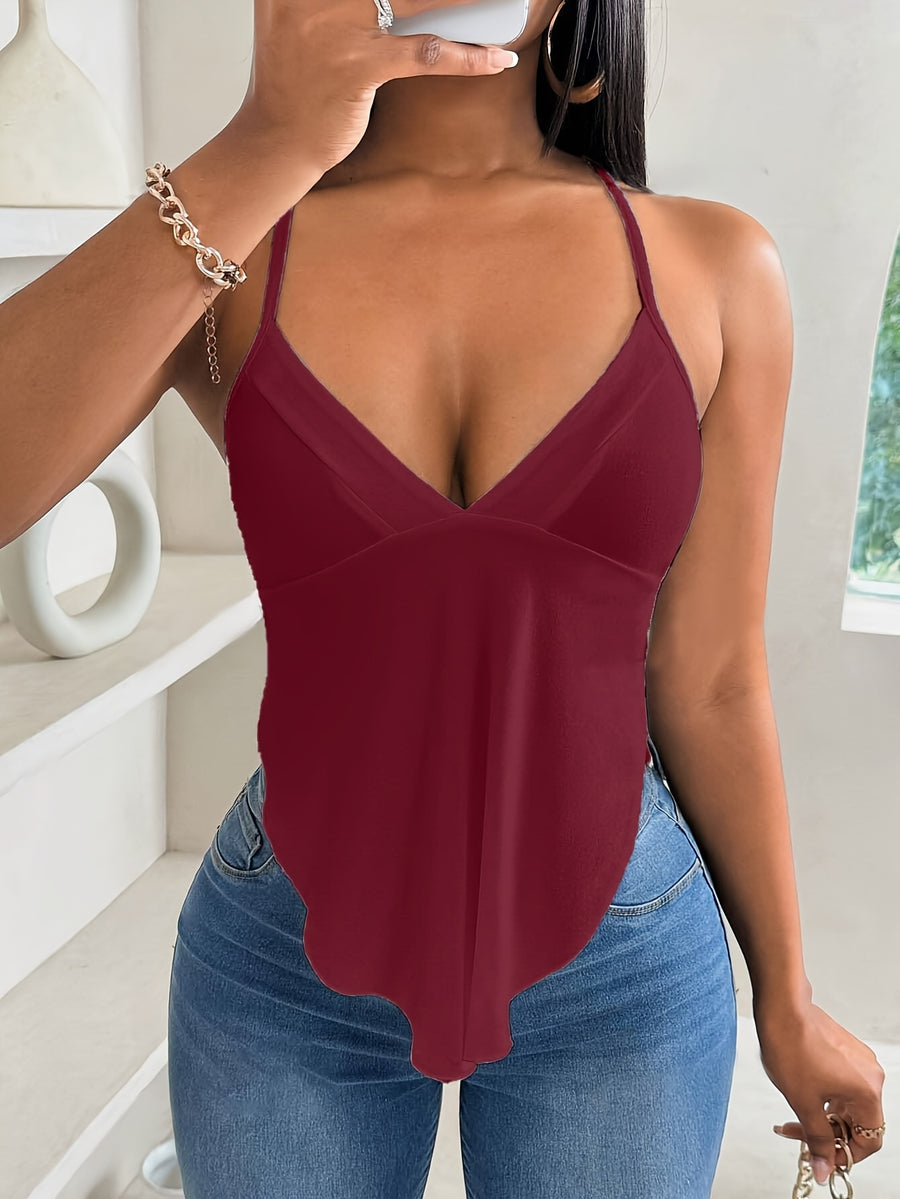 Women's Solid Color Camisole T-Shirt, Sexy Women's Summer Casual Backless Top, Simple Daily Long Strap Camisole - Burgundy