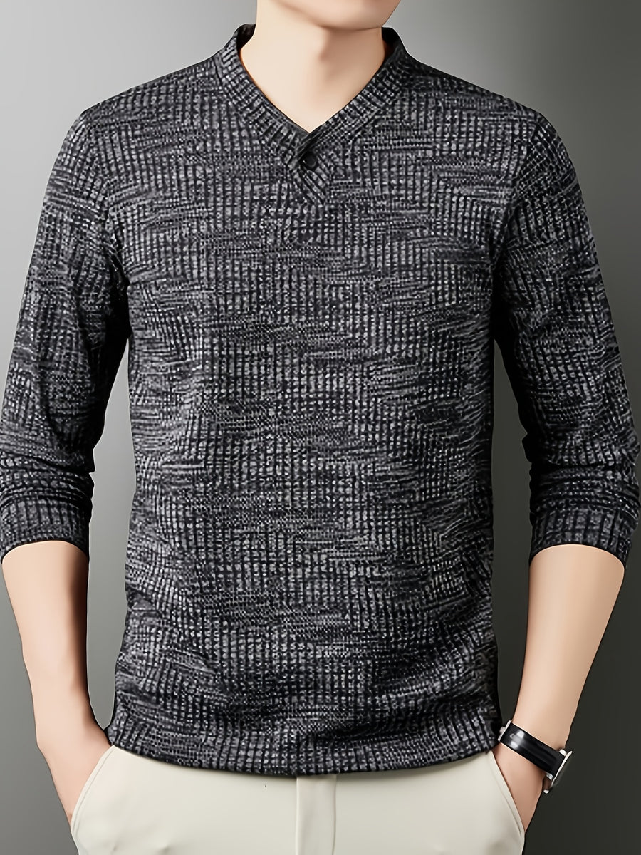 Men's Henley Collar Single-Button Long-Sleeve T-Shirt, Textured Jacquard Knit Top, Spring/Autumn Business Casual Daily Commute Base Layer Shirt - Black