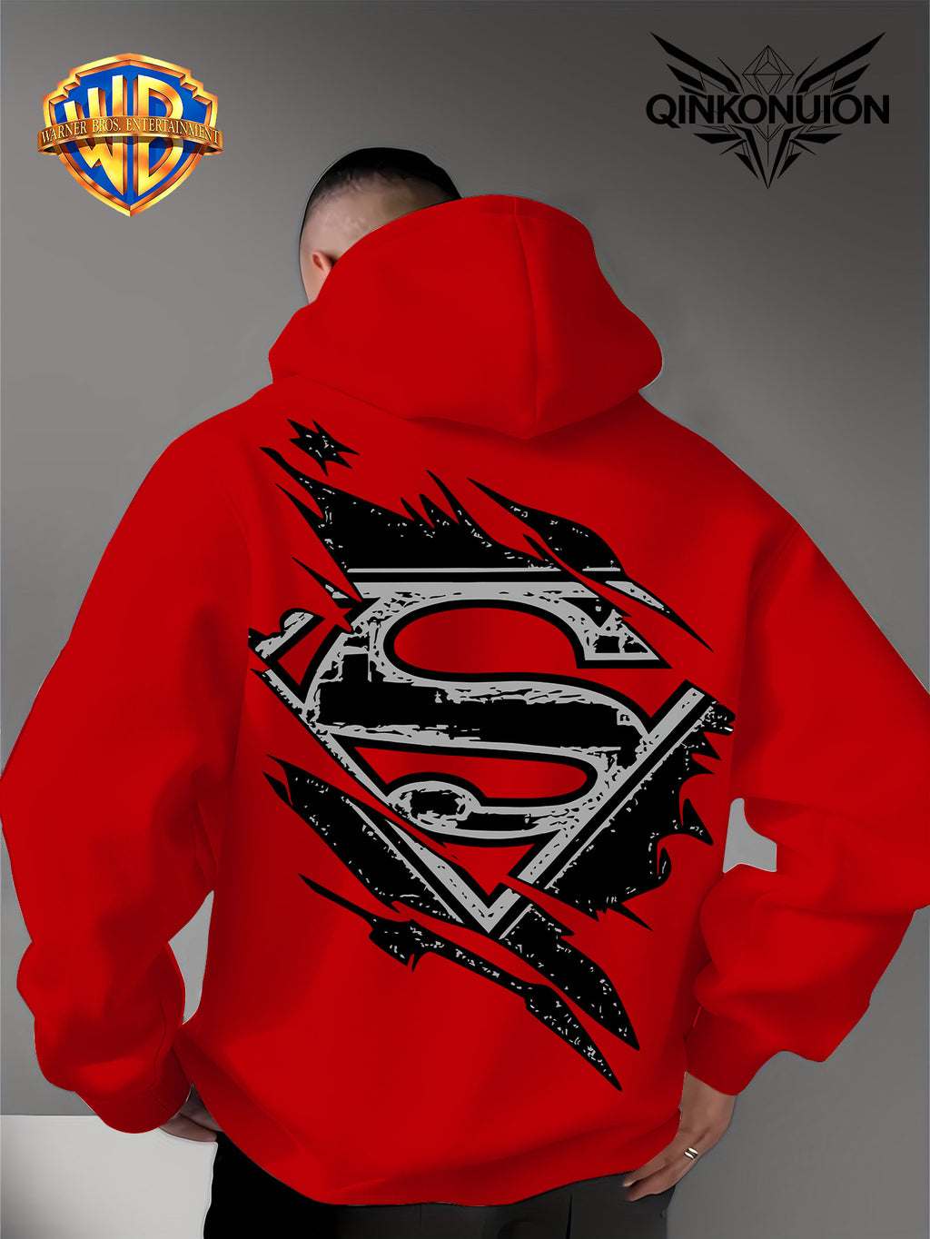 Warner Official Men's Hooded Sweatshirt, Black and White Distressed Batman Symbol Torn Wind Print Design, Machine Washable, Cozy and Comfortable Daily Drawstring Hooded Sweatshirt for Autumn and Winter, Versatile Sporty Casual Loose Fit - Red
