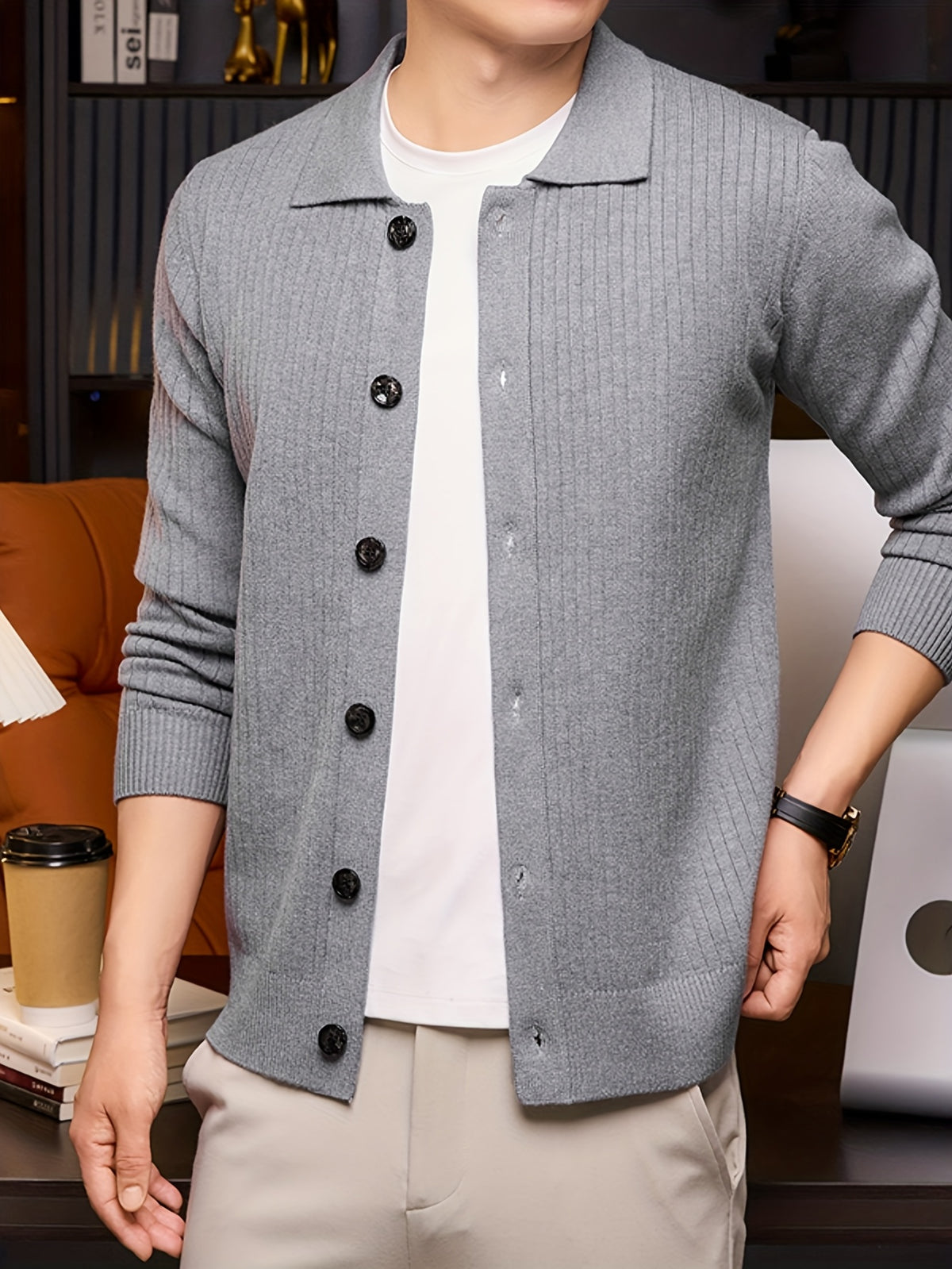 [Starry Prosperity] Autumn Winter Men'S Knit Solid Color Ribbed Open Cardigan Long Sleeve Casual Vertical Striped Lapel Sweater Jacket - Light Grey