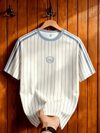 Men's Summer Casual Striped T-Shirt with Contrast Shoulder Stripes & Wheat Ear Shield Print - Breathable Crew Neck Short Sleeve Top, Suitable for Warm Weather, Machine Washable.com-compatible - Milky