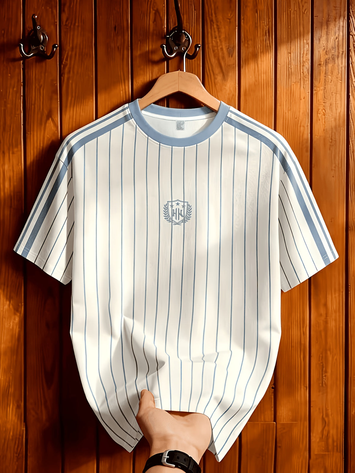 Men's Summer Casual Striped T-Shirt with Contrast Shoulder Stripes & Wheat Ear Shield Print - Breathable Crew Neck Short Sleeve Top, Suitable for Warm Weather, Machine Washable.com-compatible - Milky