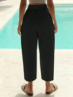 Women'S Casual Solid High-Waist Capri Pants - Comfortable Elastic Waist, Pocketed Perfect for Spring And Fall - Black