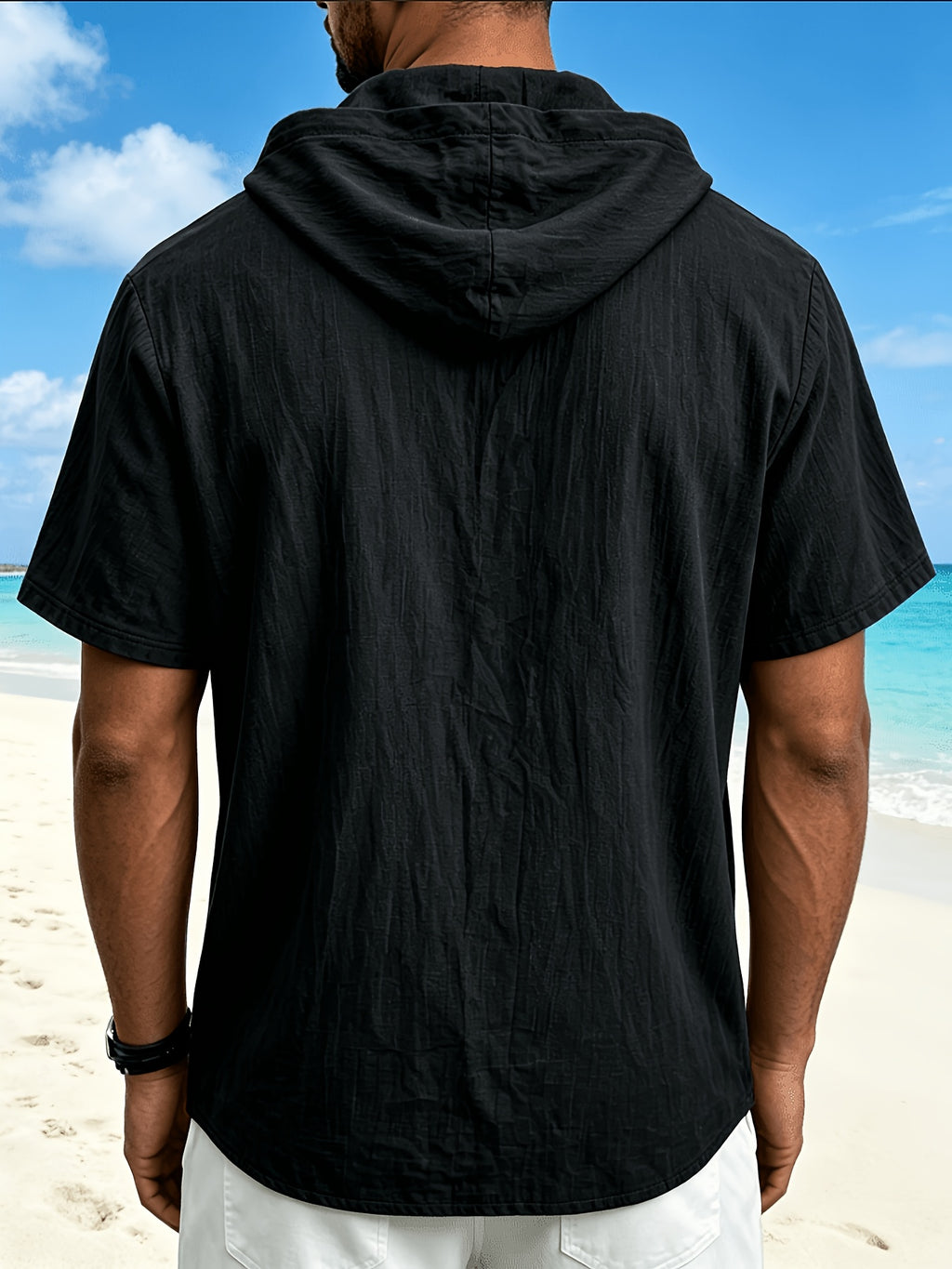 Men'S Linen Hooded Short Sleeve T-Shirt, Lightweight Breathable Ice Cool Half-Zip Design, Casual Solid Color Loose Top, Summer New Multicolor Optional, Versatile Hoodie - Black