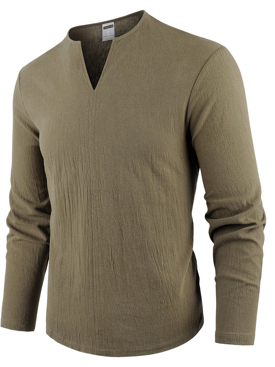 Spring New Men'S Long Sleeve Shirt Solid Color Loose Casual Soft Shirt Basic Daily Fashion V-Neck Men'S Top - Olive Green