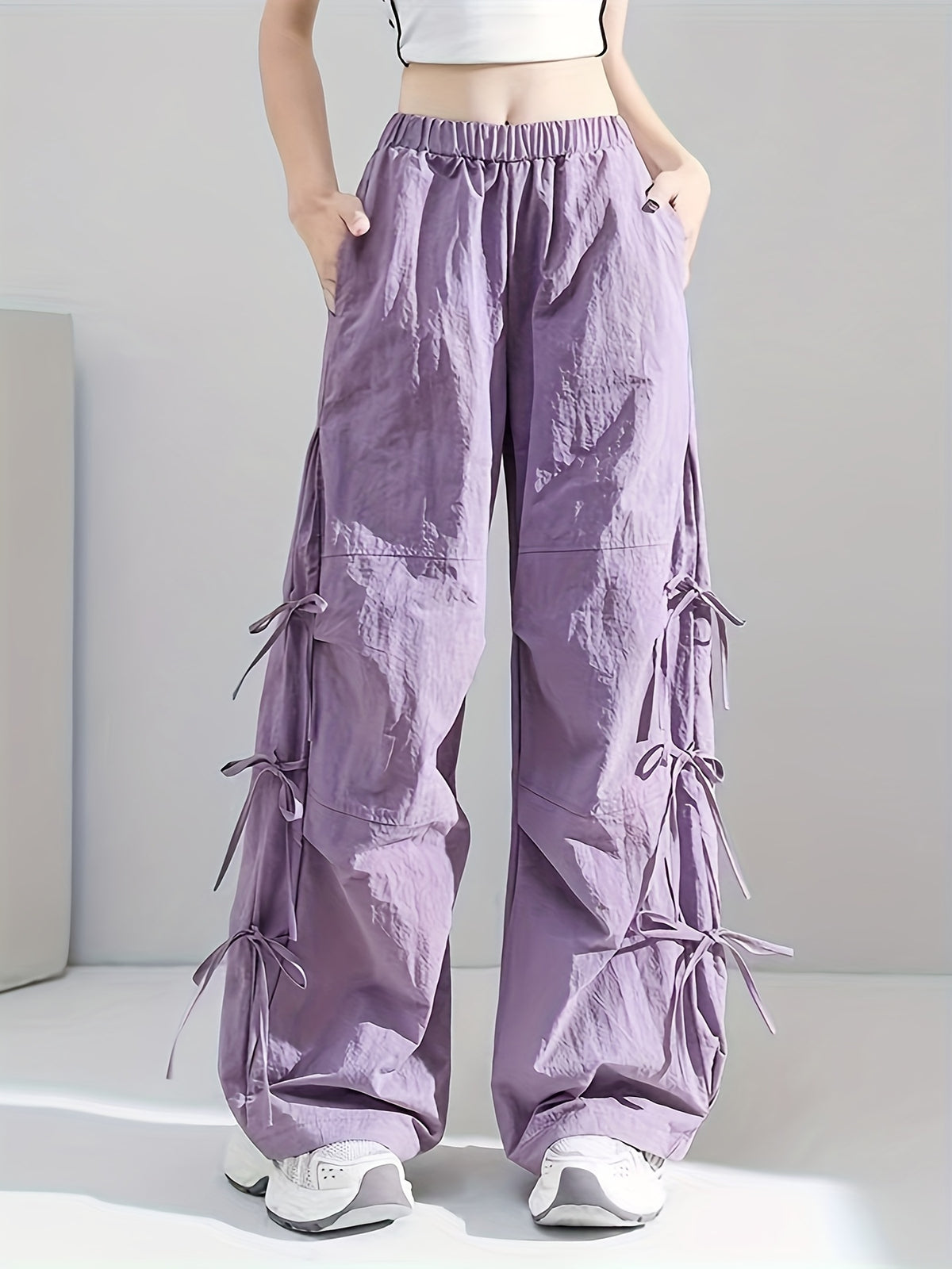 1039 Bow Tie Drawstring Quick-Dry Work Pants Women's Summer Thin American Casual Wide-Leg Parachute s Trousers - Violet