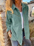New Corduroy Women's Top, Simple Casual Versatile Rivet Decor with Pockets Popular Vintage Shirt - Green