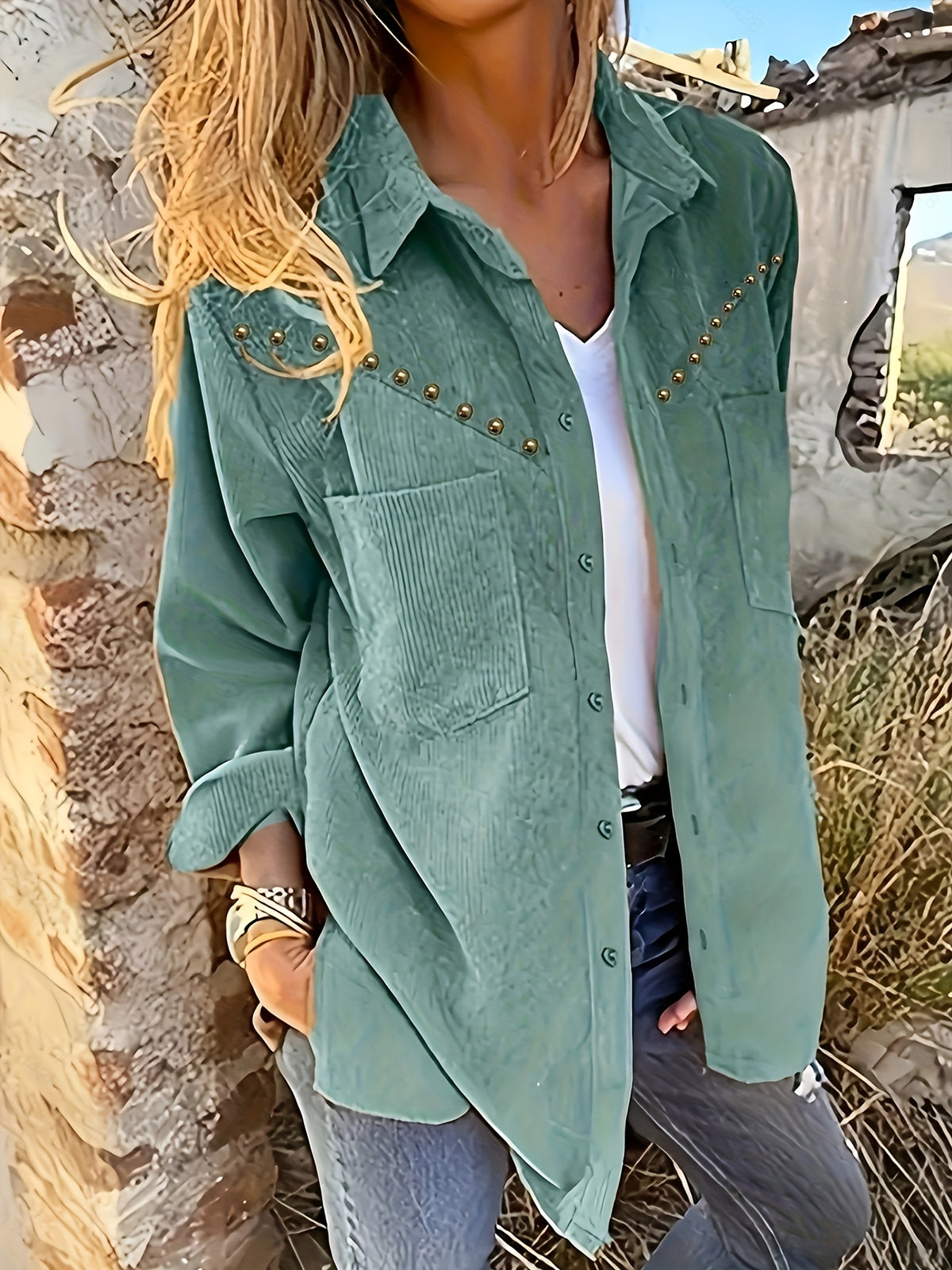 New Corduroy Women's Top, Simple Casual Versatile Rivet Decor with Pockets Popular Vintage Shirt - Green