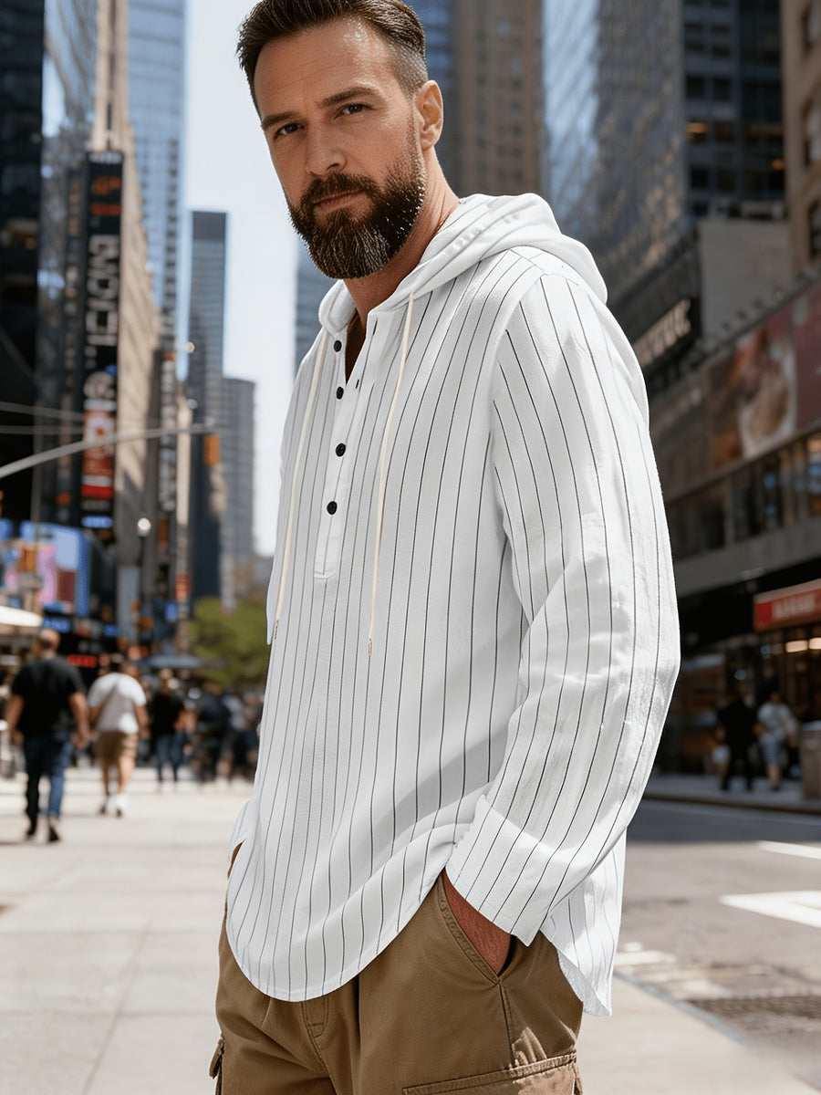 New Men'S All-Season Linen Shirt, Linen Striped Casual Long-Sleeve Hooded Top, Breathable And Comfortable, High Street Style - White