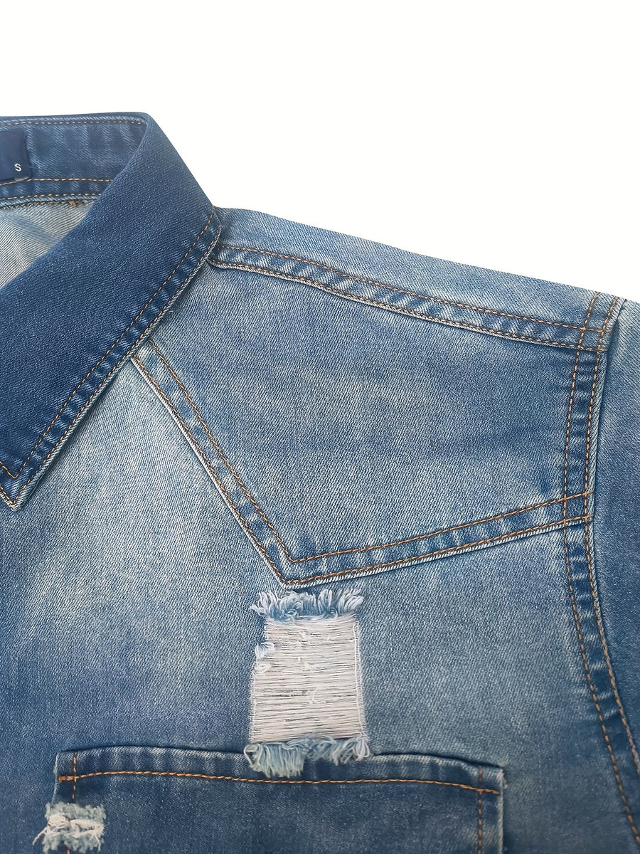 025 Autumn Men's Long-Sleeve Denim Shirt, Fashionable Golden Yellow Distressed Vintage Style, Regular Fit, Dual Pockets, Versatile for Layering or Wearing Alone, Cotton Material, Trendy Design, Suitable for Casual Outings, New Lapel-Collar Top - Sea Blue