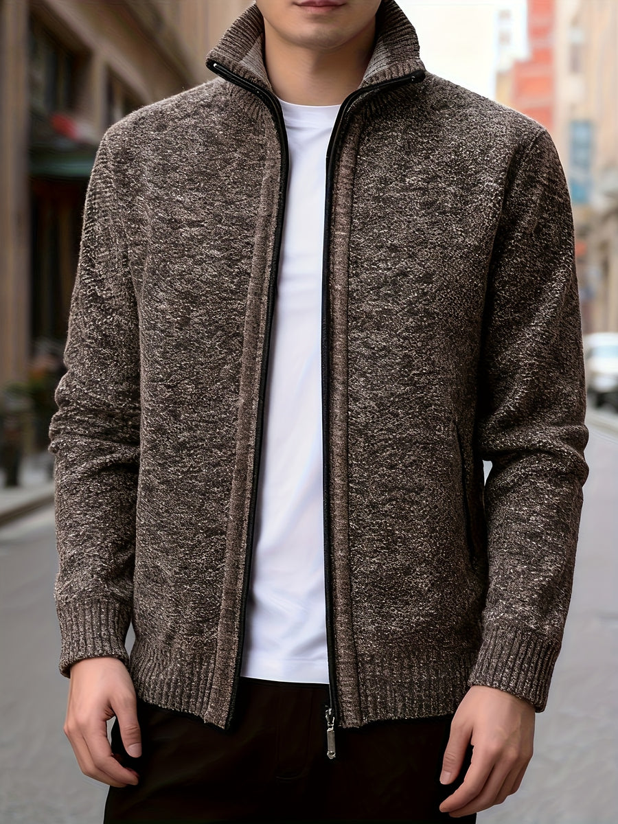 1pc Men's Knitted Cardigan Stand up Collar Jacket with Multiple Colors to Choose From, Simple and Stylish Design, Easy to Match with Shirt/T-shirt, Perfect for Commuting and Leisure, Showcasing Elegant Temperament (only One Jacket) - Coffee Color