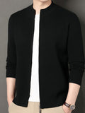 Men's Stand Collar Zipper Solid Color Knit Cardigan, Business Casual Style, Simple Solid Color, Slim Fit Not Tight, Versatile and Practical - Black