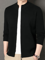 Men's Stand Collar Zipper Solid Color Knit Cardigan, Business Casual Style, Simple Solid Color, Slim Fit Not Tight, Versatile and Practical - Black
