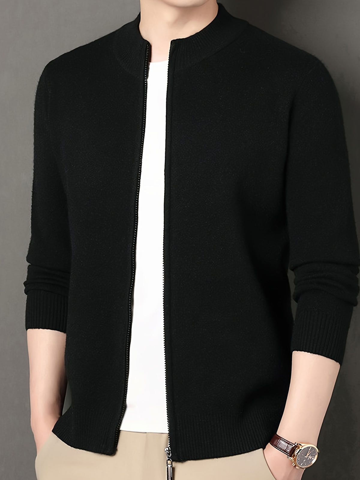 Men's Stand Collar Zipper Solid Color Knit Cardigan, Business Casual Style, Simple Solid Color, Slim Fit Not Tight, Versatile and Practical - Black