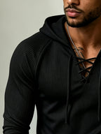 European and American Style Men's Houndstooth Hooded Long Sleeve T-Shirt with Criss-Cross Lace-Up Deep V, Solid Color Stretchy Body-Hugging Sport Hoodie, Versatile Everyday Pullover - Black