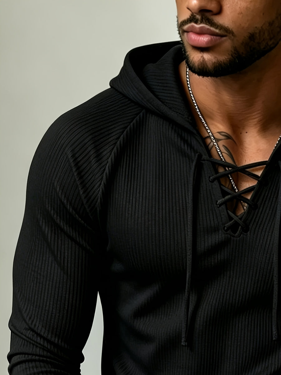 European and American Style Men's Houndstooth Hooded Long Sleeve T-Shirt with Criss-Cross Lace-Up Deep V, Solid Color Stretchy Body-Hugging Sport Hoodie, Versatile Everyday Pullover - Black