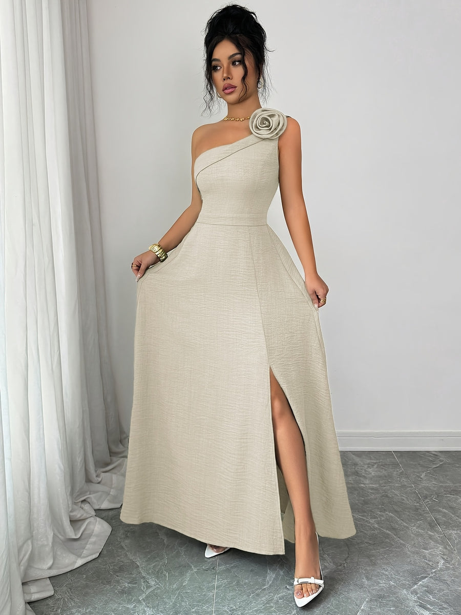 New Summer Women's Off-Shoulder Rose-Embellished Long Dress with Waist-Defining Slit, Elegant One-Shoulder Design, Mature Style for Dates and Banquets - Apricot