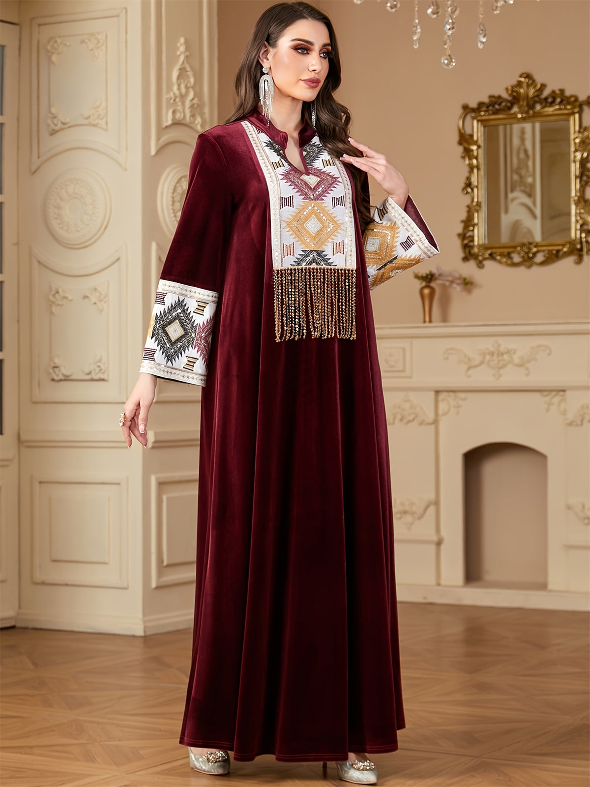 -Muslim Notched Stand Collar Tassel Long Dresses for Women Loose Elegant Kebaya Patchwork Sleeve Abayas - 【Red】