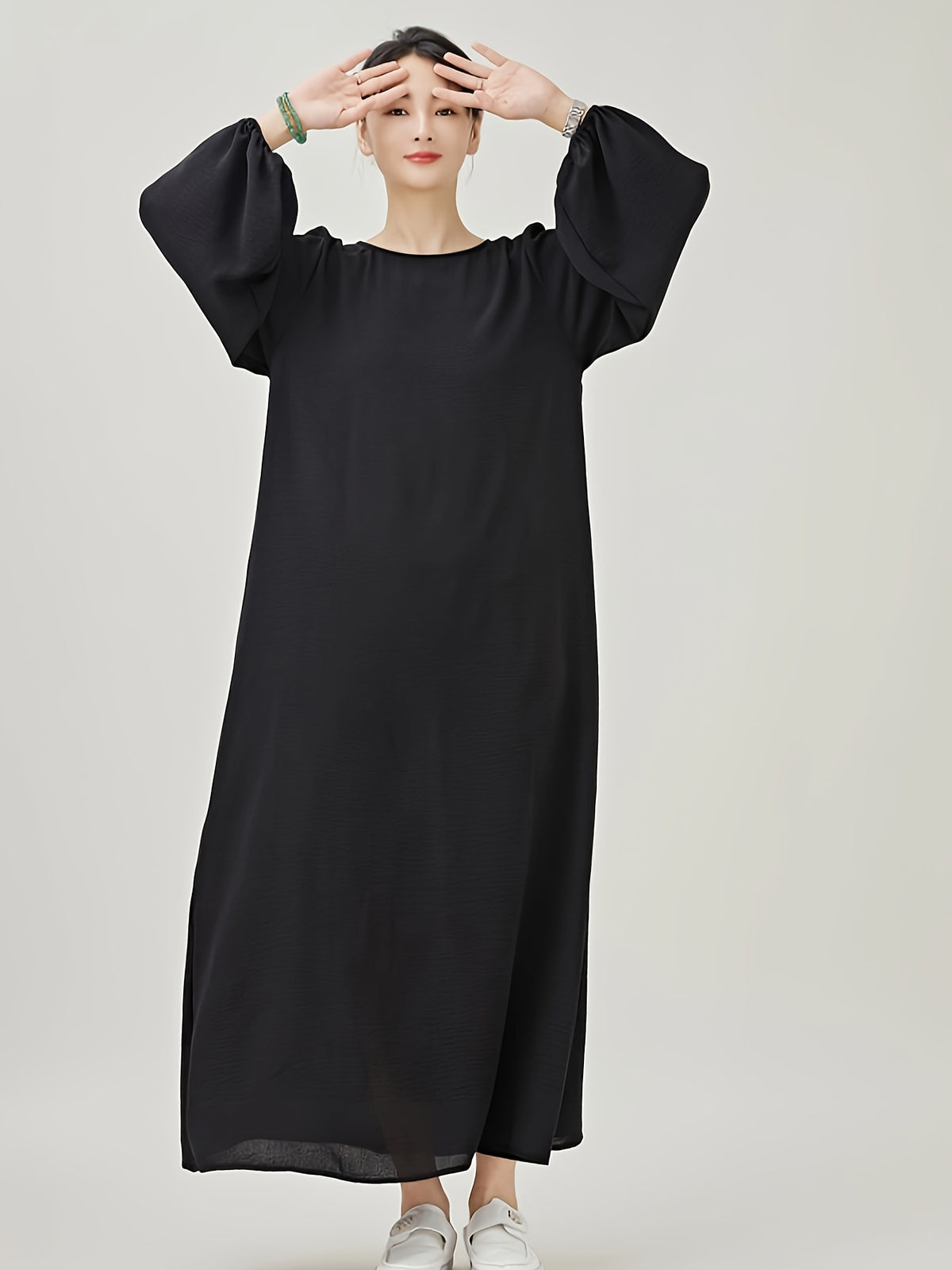 Comfortable & Casual Solid Color Muslim Dress with Bubble Pleats, Elastic Cuffs, and Flowy Hem - Polyester, Machine Washable - Black