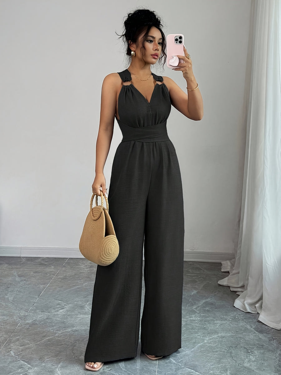 Women'S V-Neck Tie-Waist Wide-Leg Jumpsuit Women'S Jumpsuit Women'S Casual Summer Vacation Dress - Black