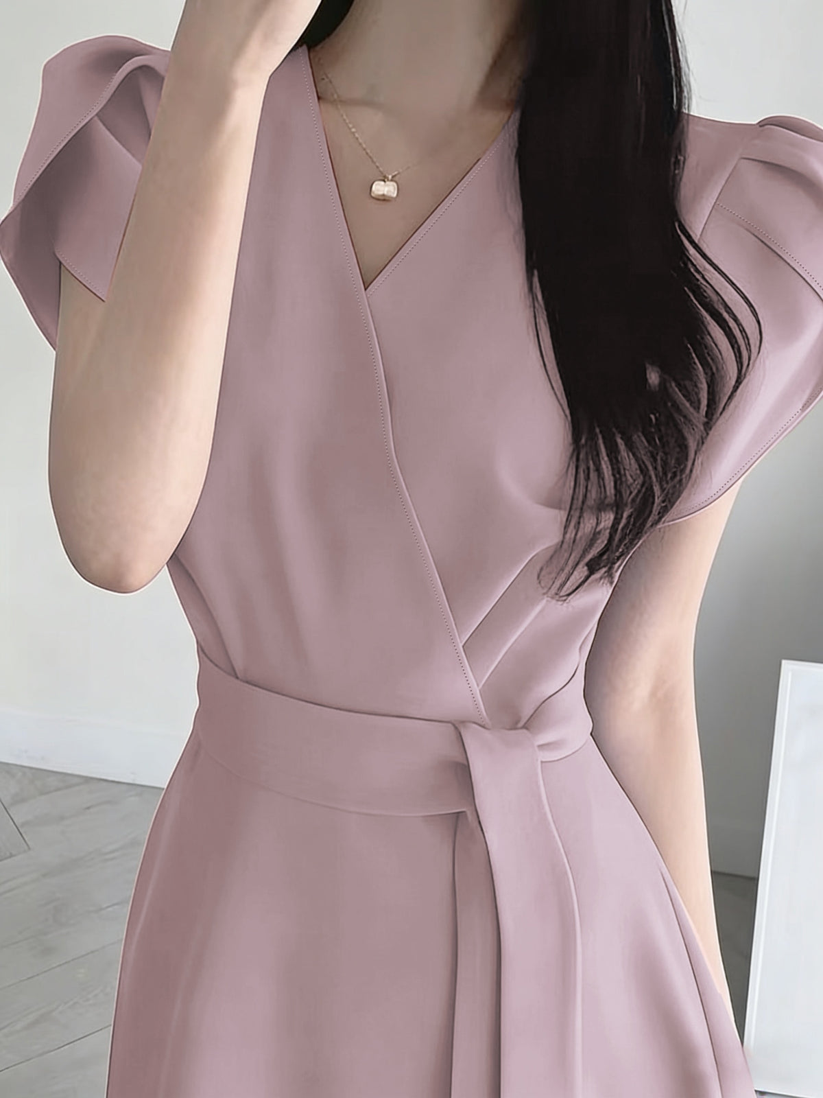 Women'S Belt Dress, Solid Color Loose Elegant Puff Sleeve V-Neck Tie-Waist A-Line Midi Dress - Lightweight Breathable Summer Commute And Party Dress, Suitable for Wedding Guest, Party Or Summer Outfit, Casual Commute - Light Purple
