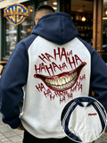 [Warner Bros. Official] Men's Raglan Sleeve Colorblock Zip-Up Hooded Sweatshirt, DC JOKER Maniacal Laugh "HAHAHA" Graphic Print, Autumn/Winter Loose Fit Color-Block Striped Sport Hoodie, Trendy Brand Fashion Casual Versatile Zip Pocket Hooded - Gray And Navy Blue