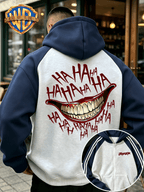 [Warner Bros. Official] Men's Raglan Sleeve Colorblock Zip-Up Hooded Sweatshirt, DC JOKER Maniacal Laugh "HAHAHA" Graphic Print, Autumn/Winter Loose Fit Color-Block Striped Sport Hoodie, Trendy Brand Fashion Casual Versatile Zip Pocket Hooded - Gray And Navy Blue