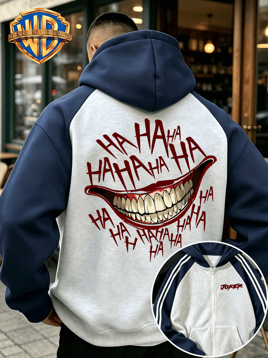 [Warner Bros. Official] Men's Raglan Sleeve Colorblock Zip-Up Hooded Sweatshirt, DC JOKER Maniacal Laugh "HAHAHA" Graphic Print, Autumn/Winter Loose Fit Color-Block Striped Sport Hoodie, Trendy Brand Fashion Casual Versatile Zip Pocket Hooded - Gray And Navy Blue