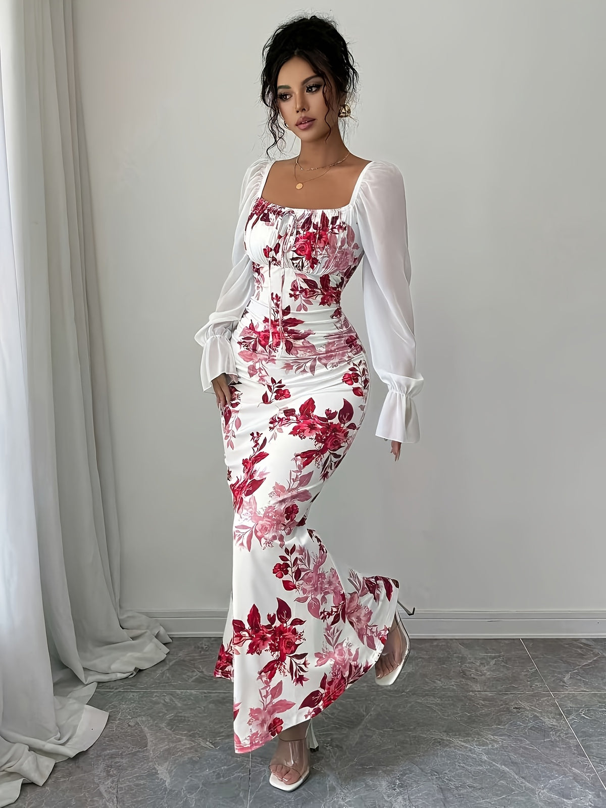 Women's Elegant Square Neck Dress with Chest Wrinkle Bow Accent - Slim-Fit Long Sleeve A-Line Dress, High Elasticity Fabric for Wedding, Date Night & Casual Attire, Machine Washable, All-Season A-Line Dress - Scarlet red