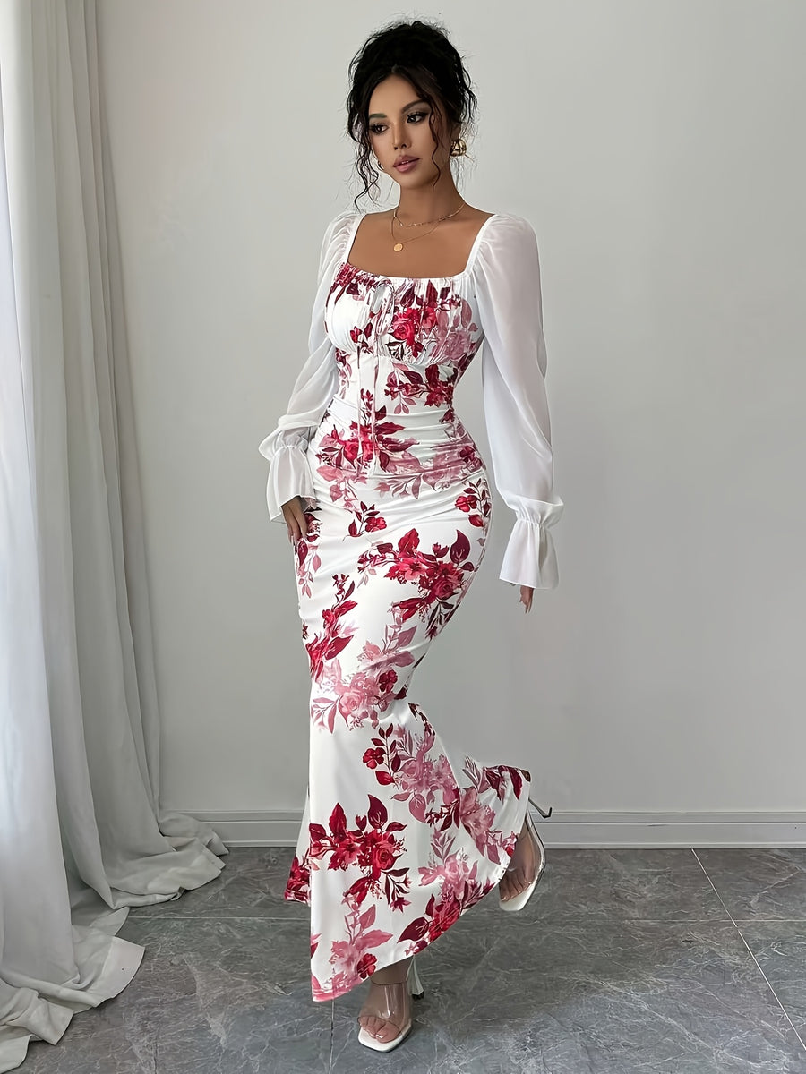 Women's Elegant Square Neck Dress with Chest Wrinkle Bow Accent - Slim-Fit Long Sleeve A-Line Dress, High Elasticity Fabric for Wedding, Date Night & Casual Attire, Machine Washable, All-Season A-Line Dress - Scarlet red