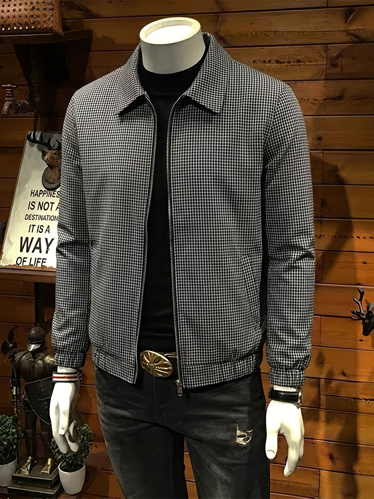 Men's Black and White Micro-Plaid Zip-Up Harrington Jacket, Classic Lapel Lightweight Lined Windbreaker, Ribbed Cuffs Wrinkle-Resistant Small Check Shirt, Suitable for Spring/Autumn Commuting, Office Wear, and Vintage Street Style - Black And White Plaid