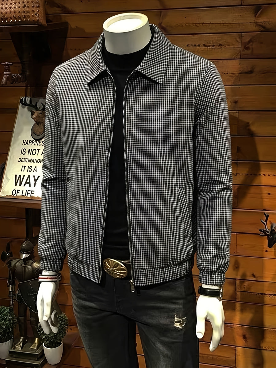 Men's Black and White Micro-Plaid Zip-Up Harrington Jacket, Classic Lapel Lightweight Lined Windbreaker, Ribbed Cuffs Wrinkle-Resistant Small Check Shirt, Suitable for Spring/Autumn Commuting, Office Wear, and Vintage Street Style - Black And White Plaid
