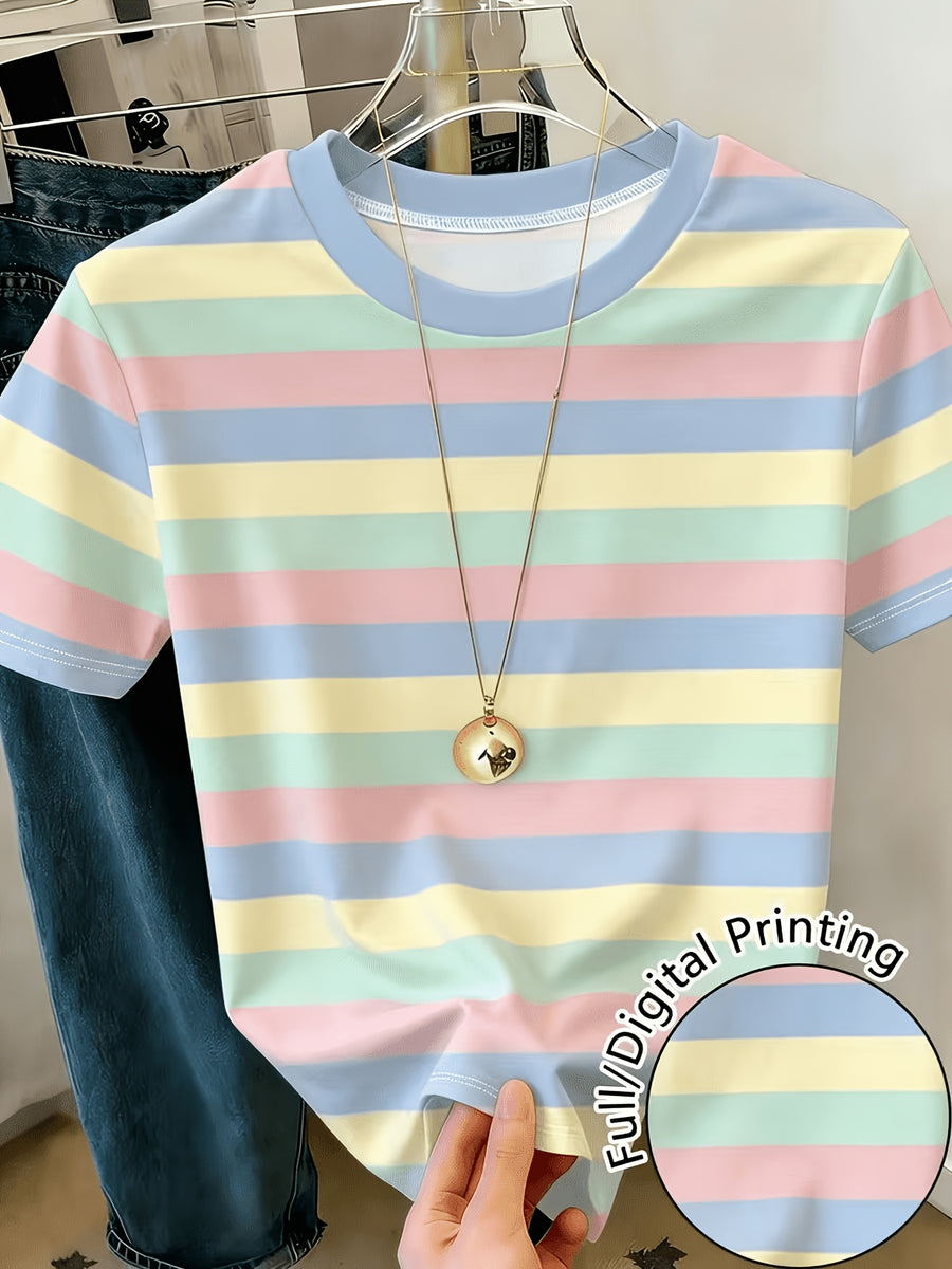 Cross-Border New Fashion Casual Digital Print Striped Short Sleeve Round Neck T-Shirt Women'S T-Shirt - Mixed colors