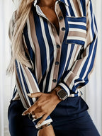 Elegant Women'S Long-Sleeve Striped Shirt for Spring And Autumn with Pockets - Multicolor