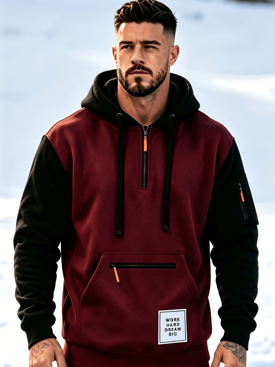Men'S Fashion Color-Block Pullover Sweatshirt Jacket, Men'S Casual Zipper-Decorated Half-Open Cardigan Sweatshirt Top - Deep Red