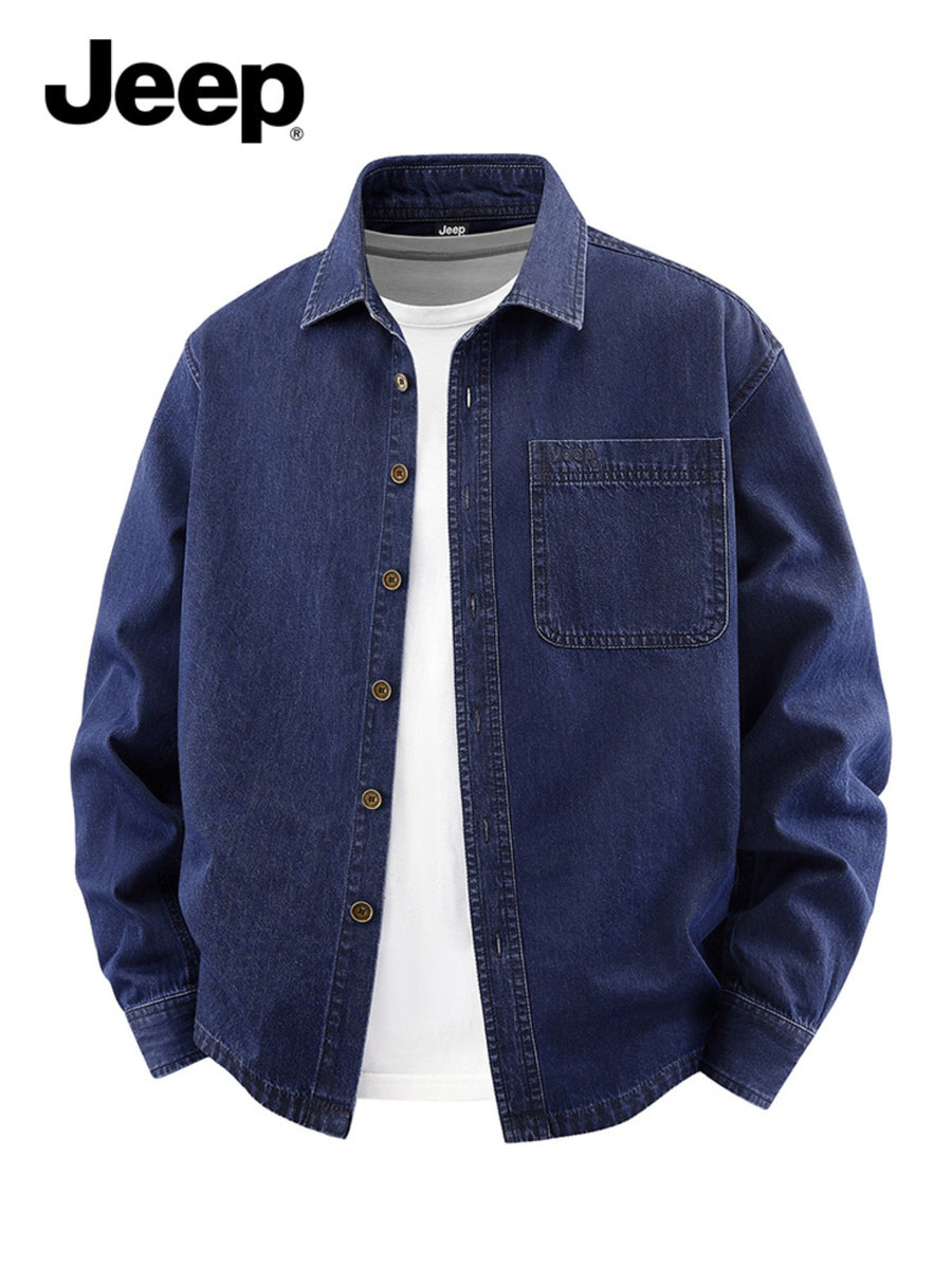 Jeep Men'S Collared Long Sleeve Denim Shirt, Loose Workwear Shirt with Washed Texture And Embroidered Chest Pocket Logo, Wear-Resistant Wrinkle-Resistant Casual Jacket for Camping, Road Trips in Spring And Autumn, Suitable for Outerwear Or Layering - Dark Blue