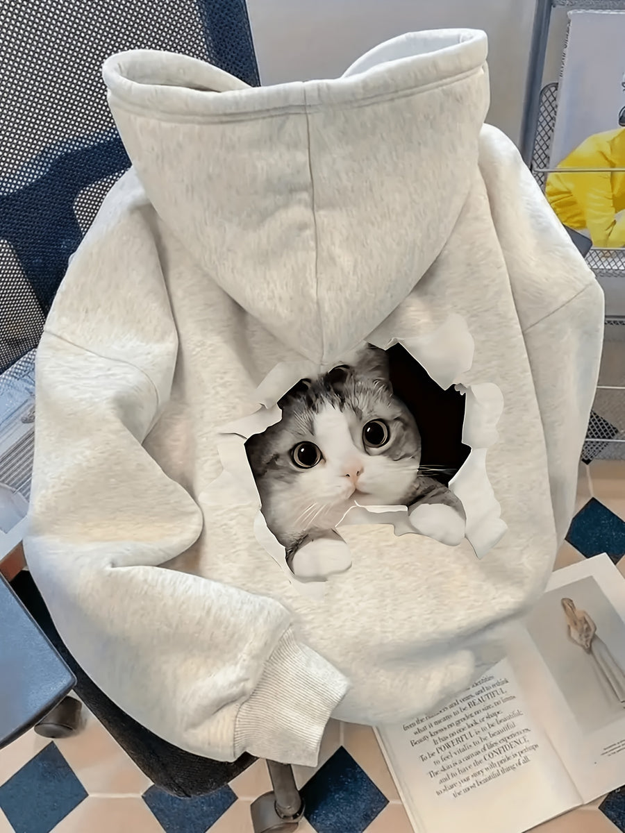 A Women'S Top Featuring a Cat Care Print, Perfect for The Back-To- Season. This Casual Pullover Hoodie Has a Kangaroo Pocket And Is Designed for Autumn And Winter - Light Grey