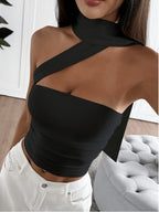 Western Hot Style Black Neck-Bare Bandeau Sexy Cross-Design Short Top - Black