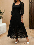 Heavy-Handcrafted French Lace Maxi Dress, Stylish Square Neck with Exquisite Cutout Lace, Elegant And, Ideal for Daily Commute And Dates NIANNIAN Women'S Wear - Black