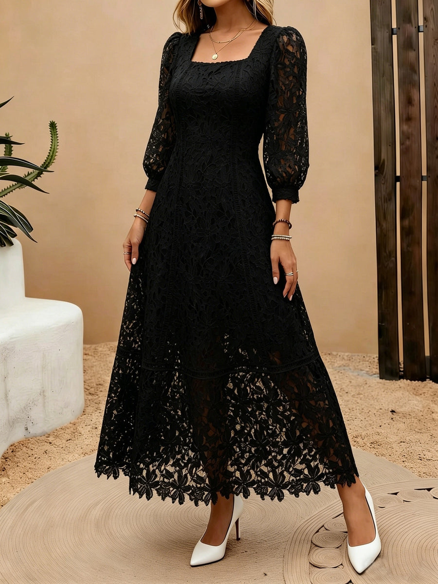 Heavy-Handcrafted French Lace Maxi Dress, Stylish Square Neck with Exquisite Cutout Lace, Elegant And, Ideal for Daily Commute And Dates NIANNIAN Women'S Wear - Black