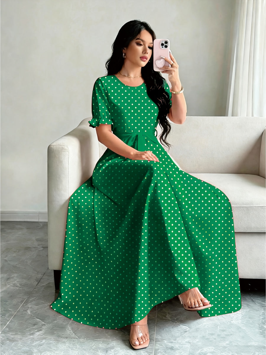 Elegant Summer Dress, Polka Dot Print Dress, Women's Fashion Round Neck Short Puff Sleeve Dress with Belted Waist, Long Dress ASD1 - Green