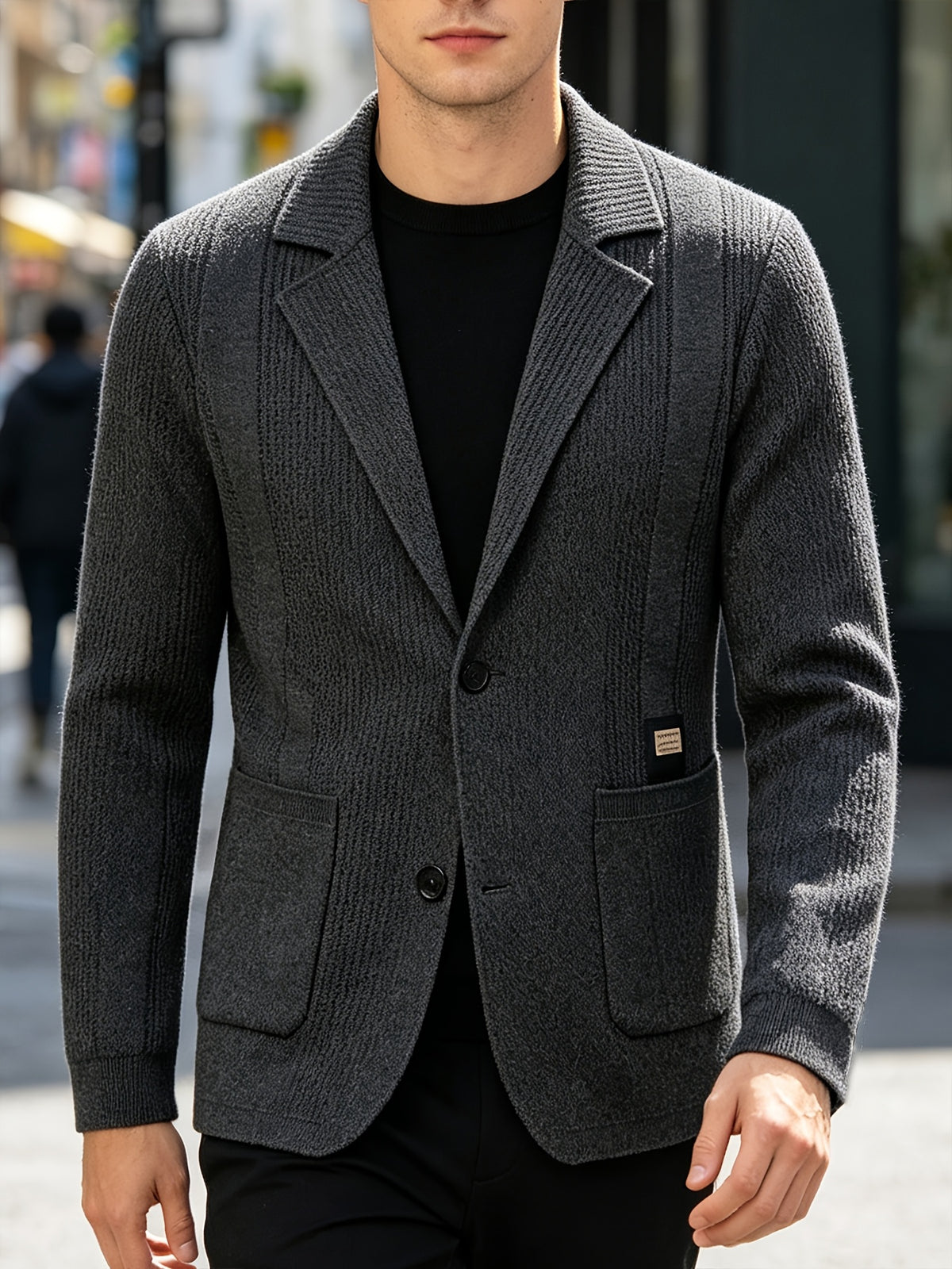 1 Men's Knitted Suit Lapel Jacket, Suitable for Light Business Wear and Daily Work, Ideal as a Gift - Grey