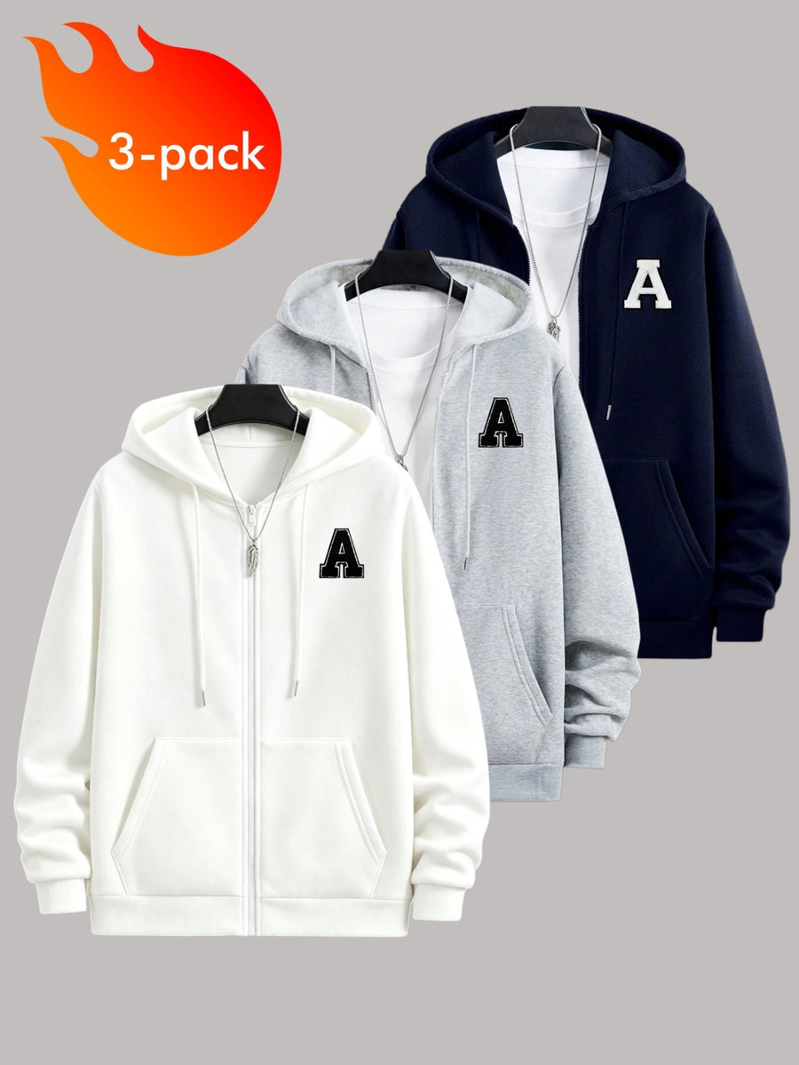 50%, 50% Polyester, 3pcs Men'S Patchwork Warm Fleece Zip-Up Hooded Sweatshirt, Men'S Clothing, Long Sleeve Fleece Jacket, Zip-Up Top, Hooded Sweatshirt, Pockets, Drawstring, Suitable for Outdoor, Casual, Back-To-School Season, Gift for Boyfriend - White+Light Gray+Navy Blue