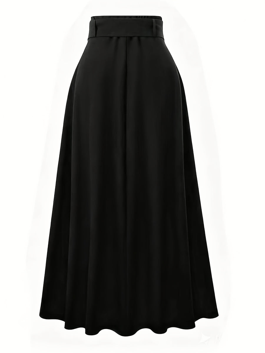 Elegant Women's Pleated Skirt for Daily and Holiday Wear, Christmas-Themed Color Palette, Elegant Korean-Style Belted Maxi Skirt - Black