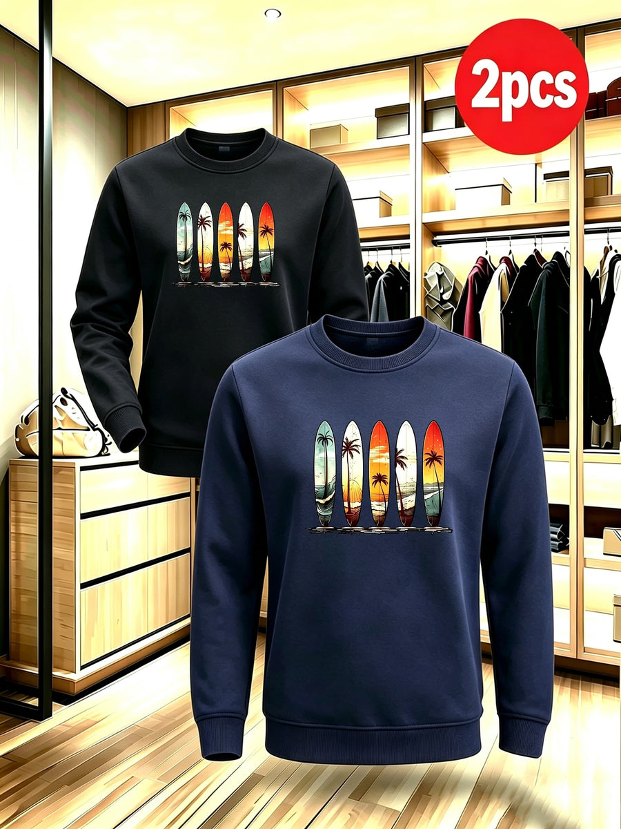 2pcs Men'S Fall Winter Thick Fleece Lined Crewneck Pullover, Retro Beach Surfboard Tree Sunset Graphic, Versatile Warm Long Sleeve Top, Daily Commute, Outdoor Activity, Street Style, Friend Meetup - Black+Navy Blue