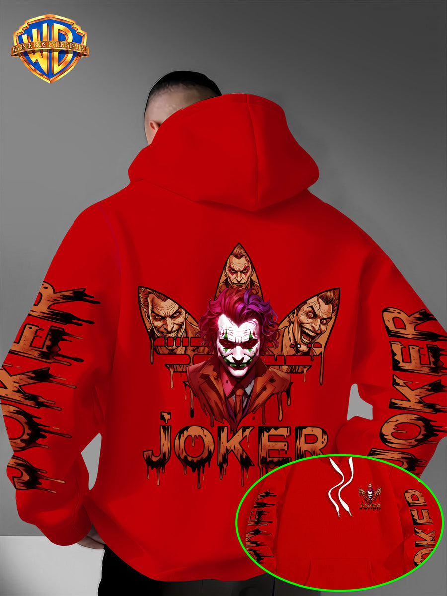 Warner Bros. Official DC Joker Multi-Character Avatar Brown-Toned Fluid Drip Graffiti Men's Fashion Hooded Sweatshirt, Sleeve Print Design, Kangaroo Pocket, Drawstring Hood, Suitable for Daily Wear and Outdoor Sports, an Excellent Choice for Warmth - Red