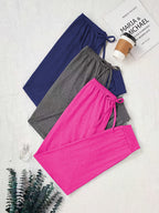 A New Minimalist Three-Color Set of Casual Women'S Pants with a Drawstring Waist, Perfect for Autumn. These Loose-Fitting Solid Home Pants Make a Great Gift - Navy Blue Rose Red Dark Gray
