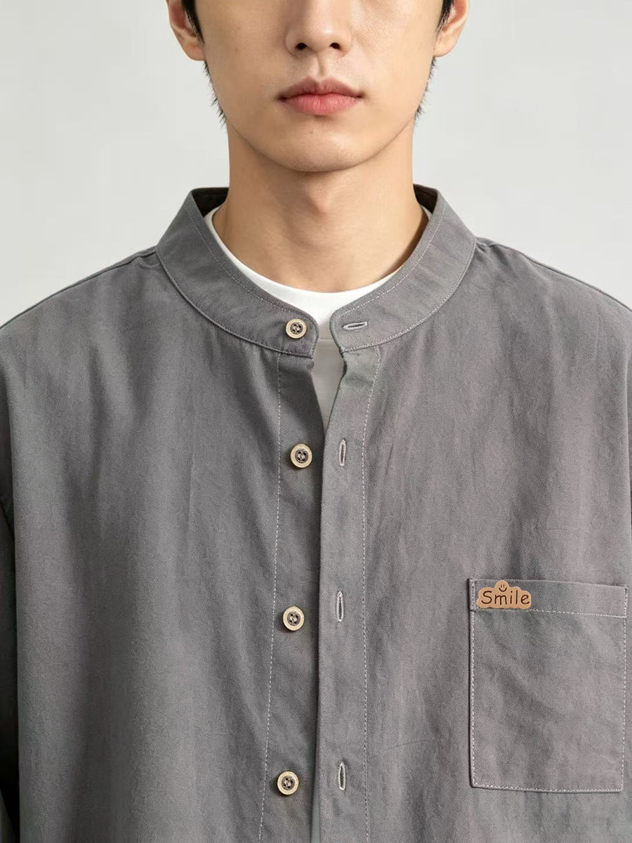Spring/Autumn Thin Fashion Trendy Men'S New Chinese Old Money Style Niche Design Sense Patchwork Pattern Stand Collar Long Sleeve Shirt - Grey