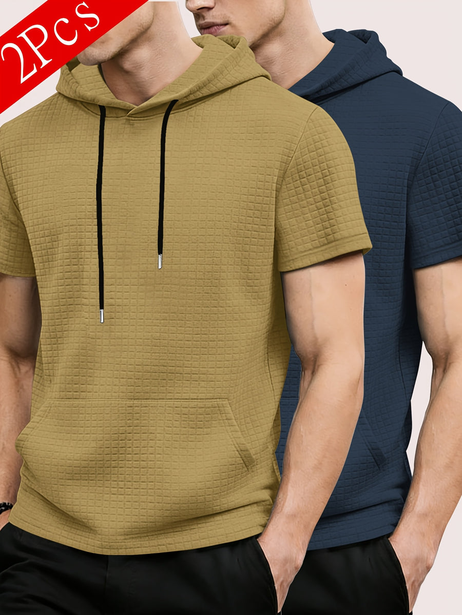 2pcs Men's Waffle Knit Short-Sleeve Hoodie with Kangaroo Pocket, Soft and Breathable Fabric, Multiple Color Options, Versatile, Simple, Stylish, and Casual for Daily Wear or Sports, a Great Choice for Holiday Gifts for Fathers, Partners, and Friends - Khaki+Navy Blue